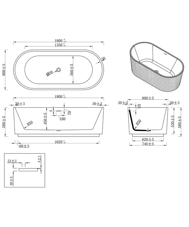 Wiesbaden Rivi vrijstaand ligbad 180 x 80 cm mat wit - technische tekening | Schwertz & Co