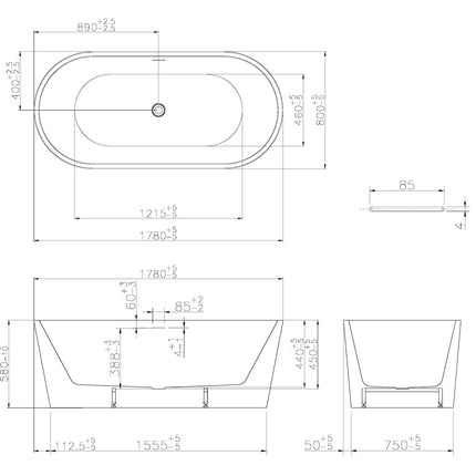 Wiesbaden Libero vrijstaand ligbad 178 x 80 cm mat wit - technische tekening | Schwertz & Co
