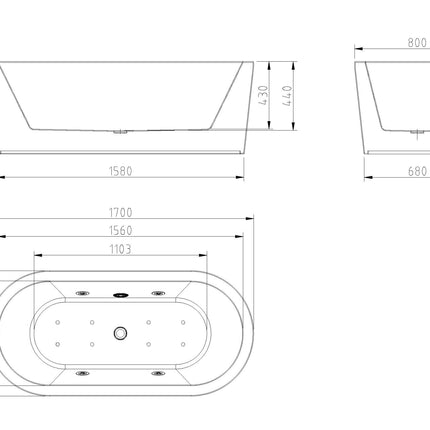 Wiesbaden Libero vrijstaand whirlpool ligbad 170 x 80 cm glans wit - technische tekening | Schwertz & Co