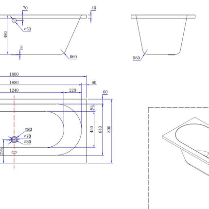 Xellanz Portus RD duo ligbad 180 x 80 cm - technische tekening | Schwertz & Co
