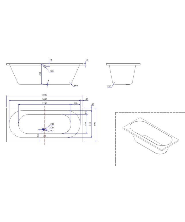Xellanz Portus RD duo ligbad 180 x 80 cm - technische tekening | Schwertz & Co