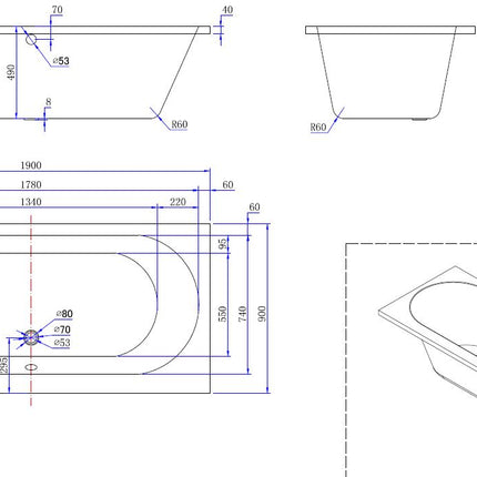 Xellanz Portus RD duo ligbad 190 x 90 cm - technische tekening | Schwertz & Co