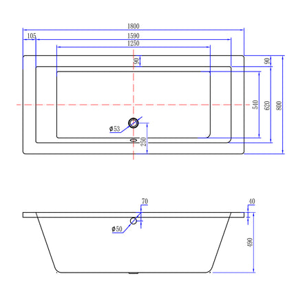 Xellanz Santino SQ duo ligbad 180 x 80 cm - technische tekening | Schwertz & Co