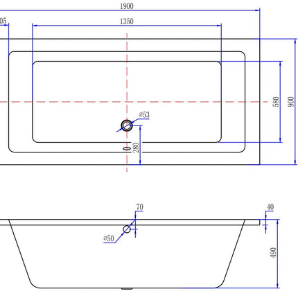 Xellanz Santino SQ duo ligbad 190 x 90 cm - technische tekening | Schwertz & Co