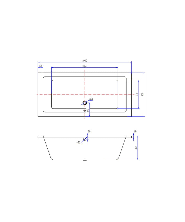 Xellanz Santino SQ duo ligbad 190 x 90 cm - technische tekening | Schwertz & Co