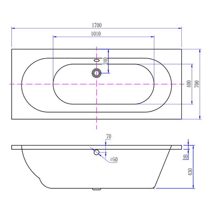 Xellanz Portus RD ligbad 170 x 70 cm - technische tekening | Schwertz & Co