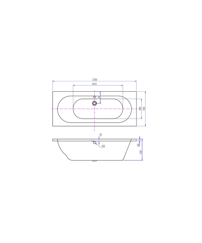 Xellanz Portus RD ligbad 170 x 70 cm - technische tekening | Schwertz & Co