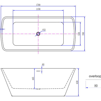 Wiesbaden Larx vrijstaand ligbad 170 x 78 cm glans wit - technische tekening | Schwertz & Co