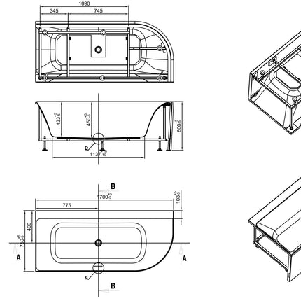 Wiesbaden Zenn hoekbad links 170 x 75 cm glans wit - technische tekening | Schwertz & Co
