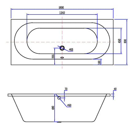 Xellanz Portus RD inbouw duo ligbad 180 x 80 x 49 cm - technische tekening | Schwertz & Co