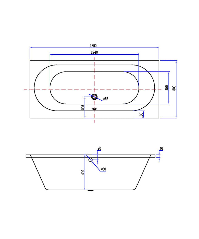 Xellanz Portus RD inbouw duo ligbad 180 x 80 x 49 cm - technische tekening | Schwertz & Co