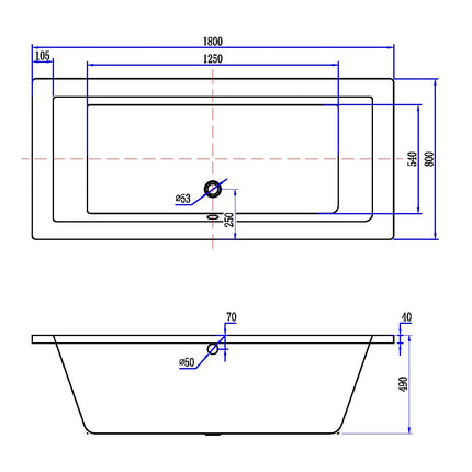 Xellanz Santino SQ inbouw duo ligbad 180 x 80 x 49 cm - technische tekening | Schwertz & Co