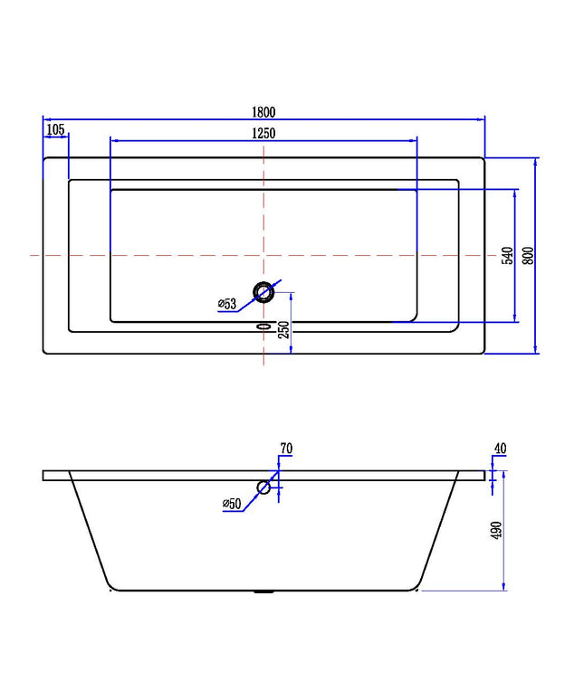 Xellanz Santino SQ inbouw duo ligbad 180 x 80 x 49 cm - technische tekening | Schwertz & Co