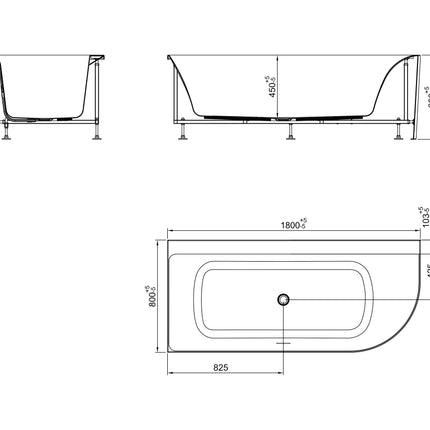 Wiesbaden Zenn hoekbad links 180 x 80 cm glans wit - technische tekening | Schwertz & Co