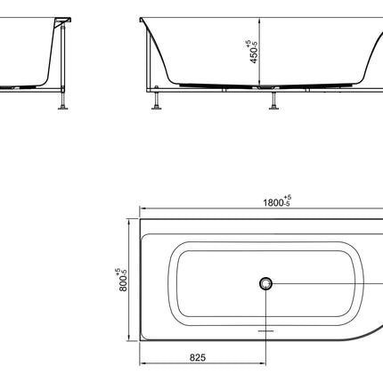 Wiesbaden Zenn hoekbad links 180 x 80 cm mat wit - technische tekening | Schwertz & Co