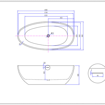 Wiesbaden Ellips vrijstaand ligbad 180 x 90 x 60 cm glans wit - technische tekening | Schwertz & Co