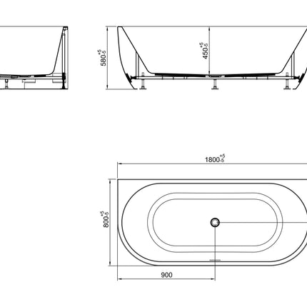 Wiesbaden Liora half vrijstaand ligbad 180 x 80 cm glans wit - technische tekening | Schwertz & Co