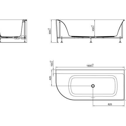 Wiesbaden Zenn hoekbad rechts 180 x 80 cm glans wit - technische tekening | Schwertz & Co