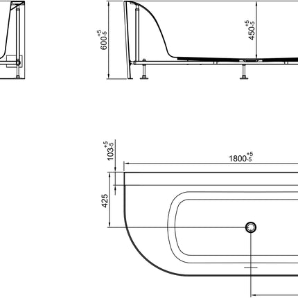Wiesbaden Zenn hoekbad rechts 180 x 80 cm mat wit - technische tekening | Schwertz & Co