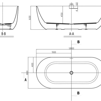Wiesbaden Trens vrijstaand ligbad 180 x 80 cm mat wit - technische tekening | Schwertz & Co