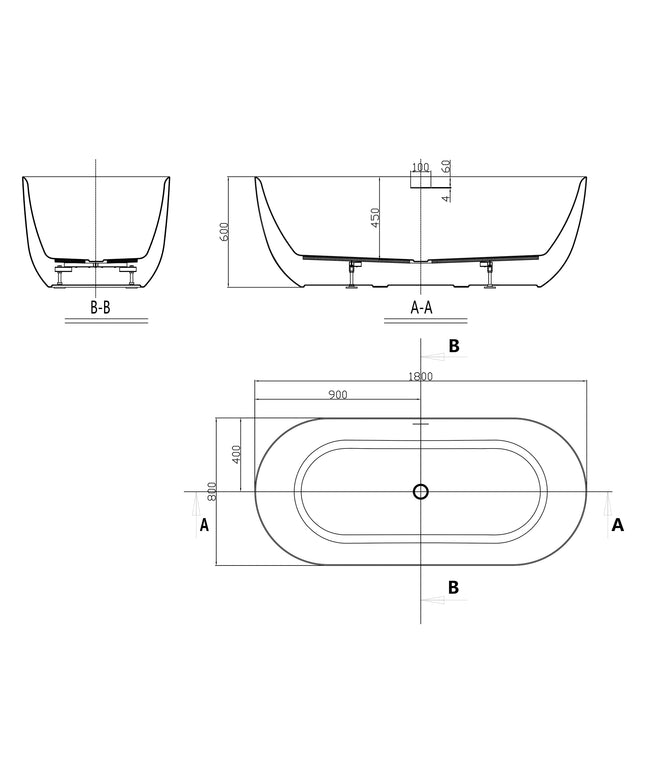 Wiesbaden Trens vrijstaand ligbad 180 x 80 cm mat wit - technische tekening | Schwertz & Co