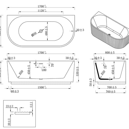 Wiesbaden Rivi half vrijstaand ligbad 170 x 80 cm glans wit - technische tekening | Schwertz & Co
