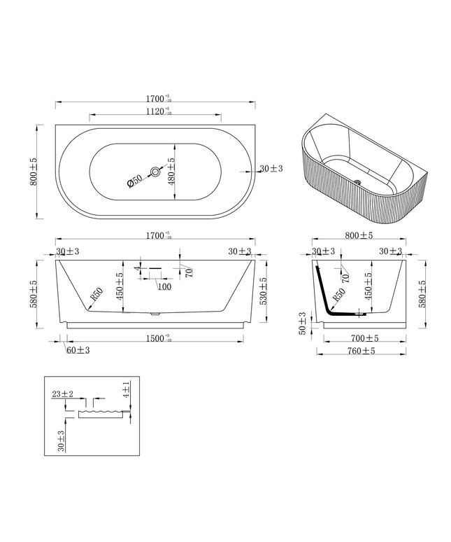 Wiesbaden Rivi half vrijstaand ligbad 170 x 80 cm glans wit - technische tekening | Schwertz & Co