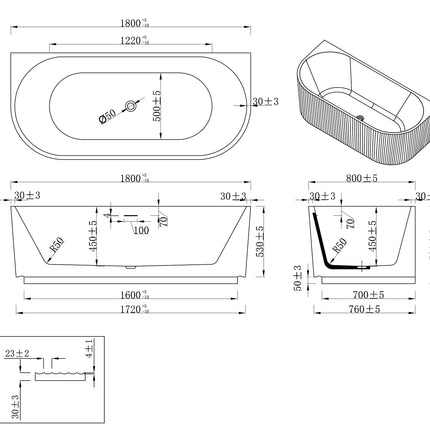 Wiesbaden Rivi half vrijstaand ligbad 180 x 80 cm mat wit - technische tekening | Schwertz & Co