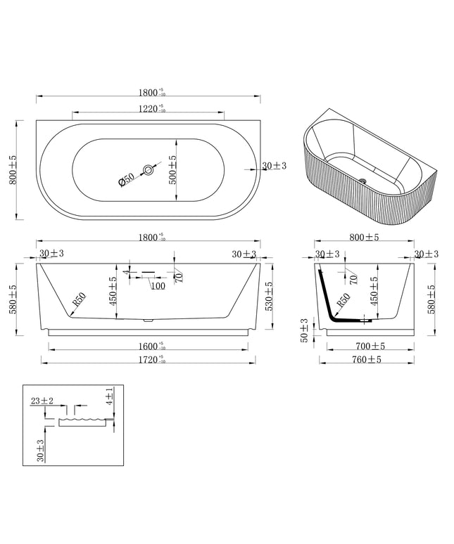Wiesbaden Rivi half vrijstaand ligbad 180 x 80 cm mat wit - technische tekening | Schwertz & Co