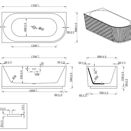 Wiesbaden Rivi hoekbad links 170 x 80 cm glans wit - technische tekening | Schwertz & Co