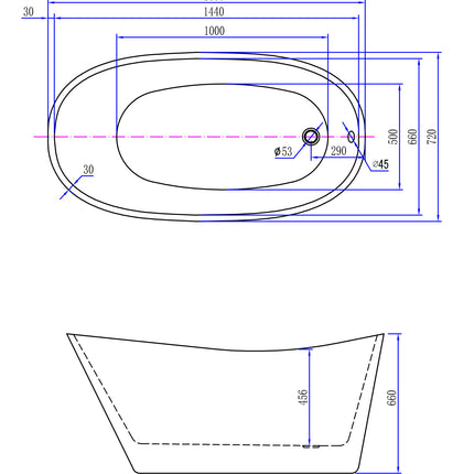 Wiesbaden Trapeze vrijstaand ligbad 150 x 72 cm glans wit - technische tekening | Schwertz & Co