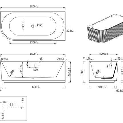 Wiesbaden Rivi hoekbad rechts 180 x 80 cm glans wit - technische tekening | Schwertz & Co