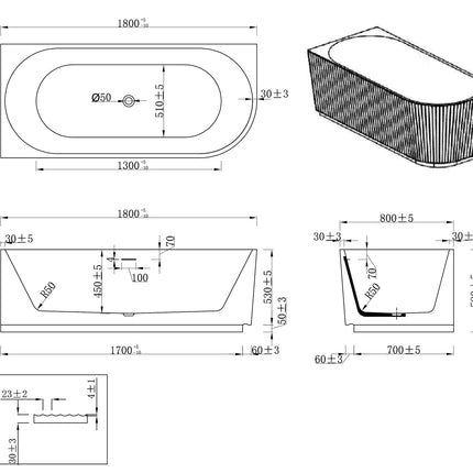 Wiesbaden Rivi hoekbad links 180 x 80 cm mat wit - technische tekening | Schwertz & Co