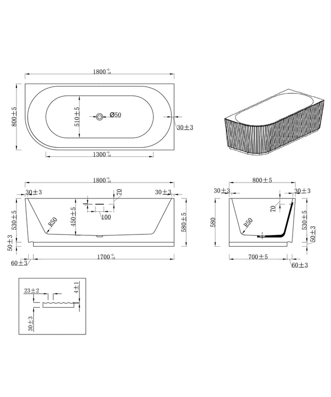 Wiesbaden Rivi hoekbad rechts 180 x 80 cm mat wit - technische tekening | Schwertz & Co