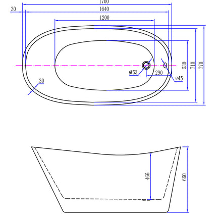Wiesbaden Trapeze vrijstaand ligbad 170 x 77 cm glans wit - technische tekening | Schwertz & Co