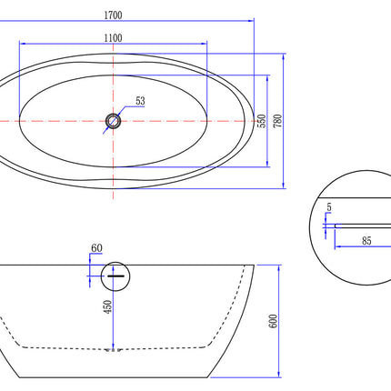 Wiesbaden Oval vrijstaand ligbad 170 x 78 cm mat wit - technische tekening | Schwertz & Co