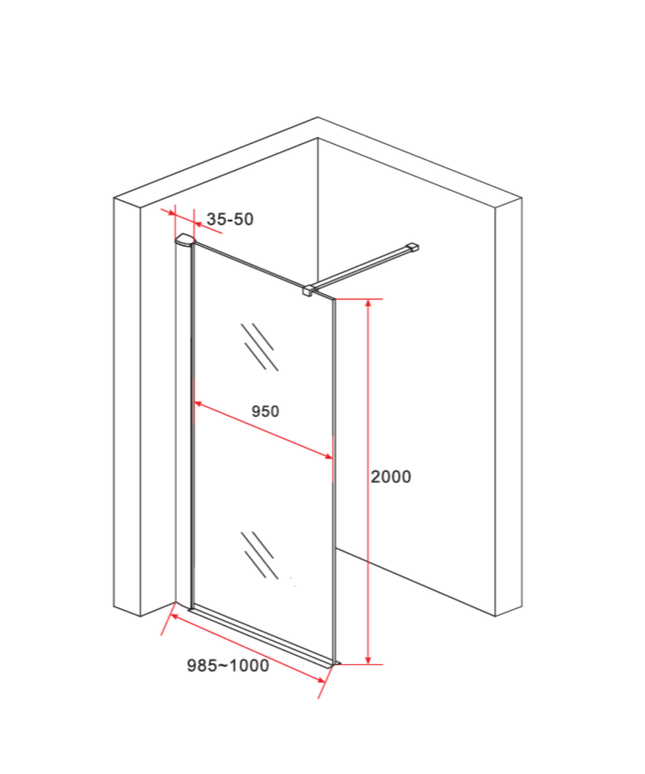 ALONI inloopdouchewand half mat – 100x200 cm – 8 mm veiligheidsglas