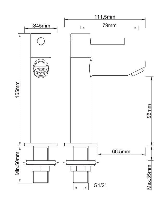 Wiesbaden Caral Amador XL fonteinkraan geborsteld koper - technische tekening | Schwertz & Co