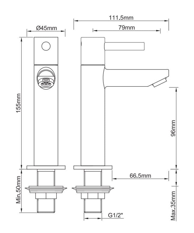 Wiesbaden Amador fonteinkraan XL geborsteld messing - technische tekening | Schwertz & Co