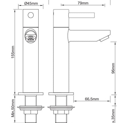 Wiesbaden Amador fonteinkraan XL gunmetal - technische tekening | Schwertz & Co