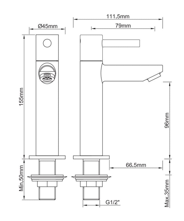 Wiesbaden Amador fonteinkraan XL gunmetal - technische tekening | Schwertz & Co