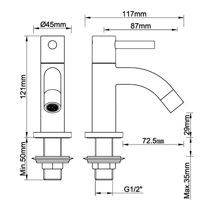 Xellanz Cimara fonteinkraan chroom - technische tekening | Schwertz & Co