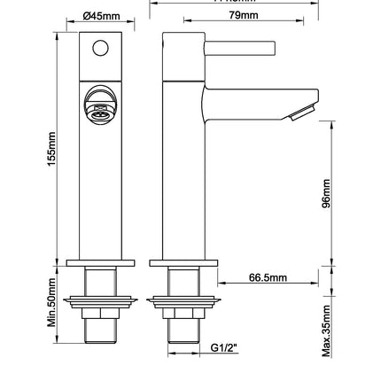 Wiesbaden Caral Amador fonteinkraan XL geborsteld staal - technische tekening | Schwertz & Co