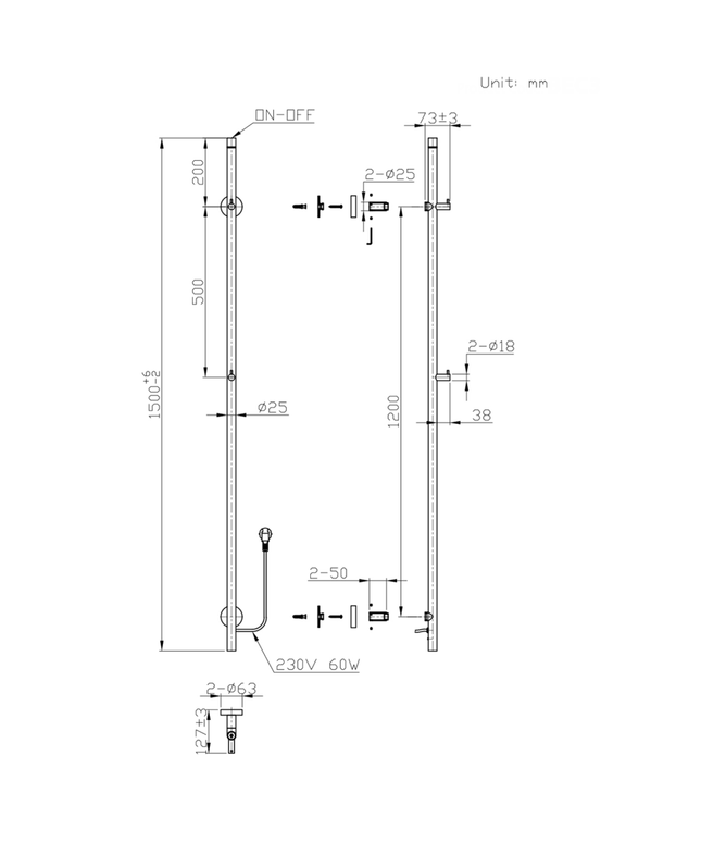 BELRAD Badkamer radiator staafmodel elektrisch 1500x63x127 mm - Enkel - Geborsteld goud - 60W