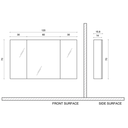 ALONI SALLY spiegelkast – 3 deuren – 120x70 cm – Aluminium