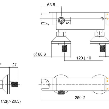 Xellanz universele douchemengkraan 12 cm chroom - technische tekening | Schwertz & Co