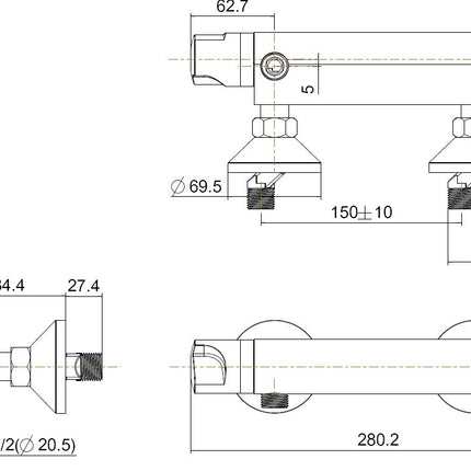 Xellanz universele douchemengkraan 15 cm chroom - technische tekening | Schwertz & Co