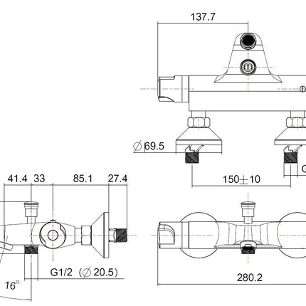 Xellanz universele thermostatische badmengkraan chroom - technische tekening | Schwertz & Co