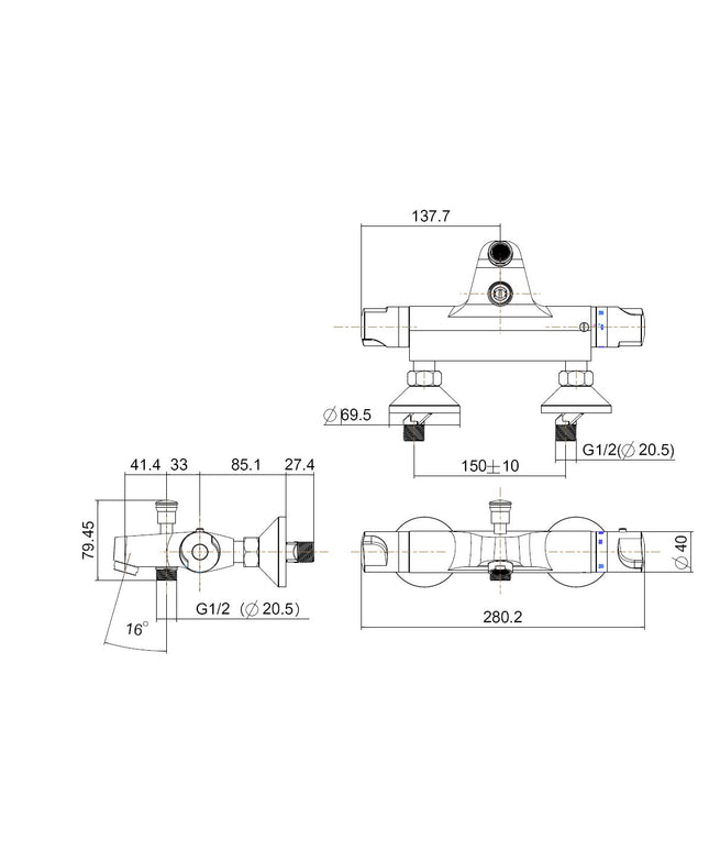 Xellanz universele thermostatische badmengkraan chroom - technische tekening | Schwertz & Co