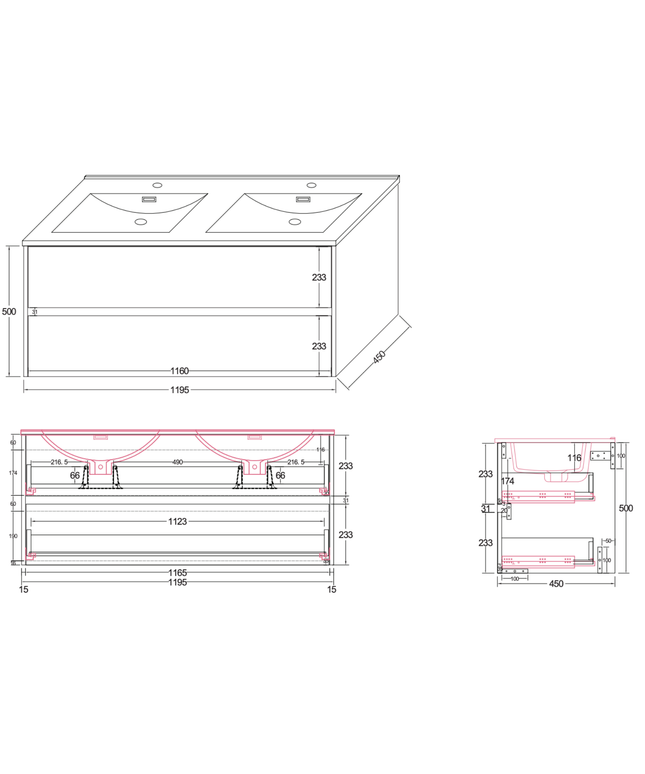 ALONI HAYAT wastafelonderkast – 119,5x50x45 cm – Mat zwart – Greeploos & softclose